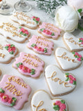 Cookies, Bridal/ wedding pink white with Gold accents heart COOKIES  royal icing DECORATED -COOKIES
