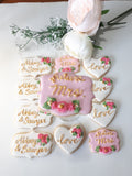 Cookies, Bridal/ wedding pink white with Gold accents heart COOKIES  royal icing DECORATED -COOKIES