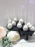 50 CAKEPOPS, wedding silver with gumpaste flowers CAKEPOPS, shipping included, 50 formal wedding cake pops for bulk order, black tie event,restaurants food service industry.