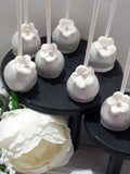 50 CAKEPOPS, wedding silver with gumpaste flowers CAKEPOPS, shipping included, 50 formal wedding cake pops for bulk order, black tie event,restaurants food service industry.