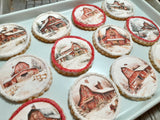 Cookies, Winter Barn cookies  themed edible Image COOKIES (any image/ logo) royal icing DECORATED -COOKIES, 1 dozen cookies, Barn cookies, Snowy Church cookies, yesteryear cookies