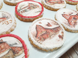 Cookies, Winter Barn cookies  themed edible Image COOKIES (any image/ logo) royal icing DECORATED -COOKIES, 1 dozen cookies, Barn cookies, Snowy Church cookies, yesteryear cookies
