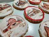 Cookies, Winter Barn cookies  themed edible Image COOKIES (any image/ logo) royal icing DECORATED -COOKIES, 1 dozen cookies, Barn cookies, Snowy Church cookies, yesteryear cookies