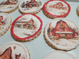 Cookies, Winter Barn cookies  themed edible Image COOKIES (any image/ logo) royal icing DECORATED -COOKIES, 1 dozen cookies, Barn cookies, Snowy Church cookies, yesteryear cookies
