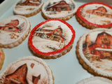 Cookies, Winter Barn cookies  themed edible Image COOKIES (any image/ logo) royal icing DECORATED -COOKIES, 1 dozen cookies, Barn cookies, Snowy Church cookies, yesteryear cookies