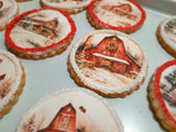 Cookies, Winter Barn cookies  themed edible Image COOKIES (any image/ logo) royal icing DECORATED -COOKIES, 1 dozen cookies, Barn cookies, Snowy Church cookies, yesteryear cookies