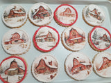 Cookies, Winter Barn cookies  themed edible Image COOKIES (any image/ logo) royal icing DECORATED -COOKIES, 1 dozen cookies, Barn cookies, Snowy Church cookies, yesteryear cookies