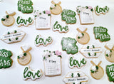 Custom bachelorette themed wedding sugar cookies, bridal cookies, decorated sugar cookies, green pink and white decorated cookies with gold details