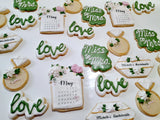 Custom bachelorette themed wedding sugar cookies, bridal cookies, decorated sugar cookies, green pink and white decorated cookies with gold details