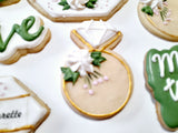 Custom bachelorette themed wedding sugar cookies, bridal cookies, decorated sugar cookies, green pink and white decorated cookies with gold details