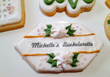 Custom bachelorette themed wedding sugar cookies, bridal cookies, decorated sugar cookies, green pink and white decorated cookies with gold details