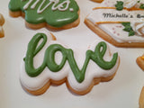 Custom bachelorette themed wedding sugar cookies, bridal cookies, decorated sugar cookies, green pink and white decorated cookies with gold details