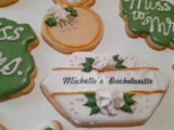 Custom bachelorette themed wedding sugar cookies, bridal cookies, decorated sugar cookies, green pink and white decorated cookies with gold details