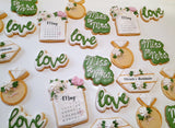 Custom bachelorette themed wedding sugar cookies, bridal cookies, decorated sugar cookies, green pink and white decorated cookies with gold details