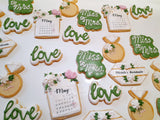 Custom bachelorette themed wedding sugar cookies, bridal cookies, decorated sugar cookies, green pink and white decorated cookies with gold details