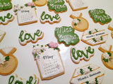 Custom bachelorette themed wedding sugar cookies, bridal cookies, decorated sugar cookies, green pink and white decorated cookies with gold details