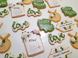 Custom bachelorette themed wedding sugar cookies, bridal cookies, decorated sugar cookies, green pink and white decorated cookies with gold details