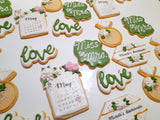 Custom bachelorette themed wedding sugar cookies, bridal cookies, decorated sugar cookies, green pink and white decorated cookies with gold details