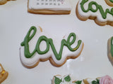 Custom bachelorette themed wedding sugar cookies, bridal cookies, decorated sugar cookies, green pink and white decorated cookies with gold details