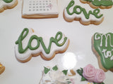 Custom bachelorette themed wedding sugar cookies, bridal cookies, decorated sugar cookies, green pink and white decorated cookies with gold details