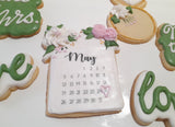 Custom bachelorette themed wedding sugar cookies, bridal cookies, decorated sugar cookies, green pink and white decorated cookies with gold details