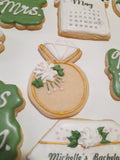 Custom bachelorette themed wedding sugar cookies, bridal cookies, decorated sugar cookies, green pink and white decorated cookies with gold details