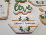 Custom bachelorette themed wedding sugar cookies, bridal cookies, decorated sugar cookies, green pink and white decorated cookies with gold details