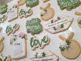 Custom bachelorette themed wedding sugar cookies, bridal cookies, decorated sugar cookies, green pink and white decorated cookies with gold details