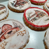 Cookies, Winter Barn cookies  themed edible Image COOKIES (any image/ logo) royal icing DECORATED -COOKIES, 1 dozen cookies, Barn cookies, Snowy Church cookies, yesteryear cookies