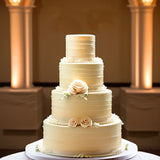 Wedding Cake 4 tier cream off white elegant simple, frosting swirls wedding cake with faux roses, 6 , 8 , 10, 12" inch round tiers, neutral wedding cake, wedding cake, 4 tier wedding cake, bakery near me, Ottawa wedding cakes, Ottawa bakery