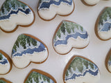 COOKIES, heart with mountainscape, 1 dozen custom cookies , COOKIES  royal icing DECORATED COOKIES