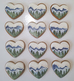 COOKIES, heart with mountainscape, 1 dozen custom cookies , COOKIES  royal icing DECORATED COOKIES