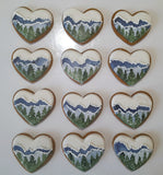 COOKIES, heart with mountainscape, 1 dozen custom cookies , COOKIES  royal icing DECORATED COOKIES