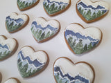 COOKIES, heart with mountainscape, 1 dozen custom cookies , COOKIES  royal icing DECORATED COOKIES