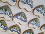 COOKIES, heart with mountainscape, 1 dozen custom cookies , COOKIES  royal icing DECORATED COOKIES