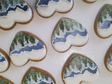 COOKIES, heart with mountainscape, 1 dozen custom cookies , COOKIES  royal icing DECORATED COOKIES