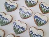 COOKIES, heart with mountainscape, 1 dozen custom cookies , COOKIES  royal icing DECORATED COOKIES