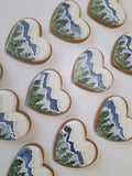 COOKIES, heart with mountainscape, 1 dozen custom cookies , COOKIES  royal icing DECORATED COOKIES