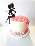 GIRL SILHOUETTE birthday cake 8 inch tall round, with CARDSTOCK FASHION TOPPER buttercream covered occasion cake