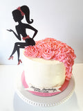 GIRL SILHOUETTE birthday cake 8 inch tall round, with CARDSTOCK FASHION TOPPER buttercream covered occasion cake