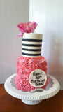 Rosette and striped cake,  birthday cake 6 inch and 4 inch tiers, buttercream covered occasion cake