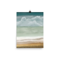 wall art print, original design, Poster, ocean beach front, sky, blue beige art print, muted colours, turquoise print art