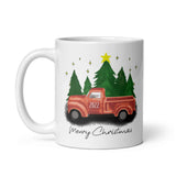 MUG, Cute red CHRISTMAS TRUCK design White glossy mug, festive mug for morning coffee or hot chocolate .