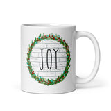 MUG, JOY WREATH, White glossy mug, Christmas CUP,  Holiday mug, cheery mug gift idea for family mugs