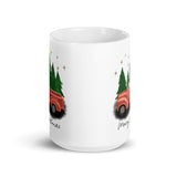 MUG, Cute red CHRISTMAS TRUCK design White glossy mug, festive mug for morning coffee or hot chocolate .
