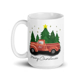 MUG, Cute red CHRISTMAS TRUCK design White glossy mug, festive mug for morning coffee or hot chocolate .