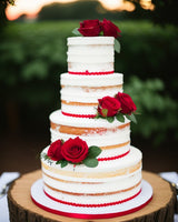 WEDDING CAKE, 4 tier custom naked wedding cake with red details, fresh or artificial roses