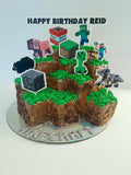 Cake, gamers themed, 8 inch square cake, WITH cardstock characters and wording, carved cake design, delivery not needed