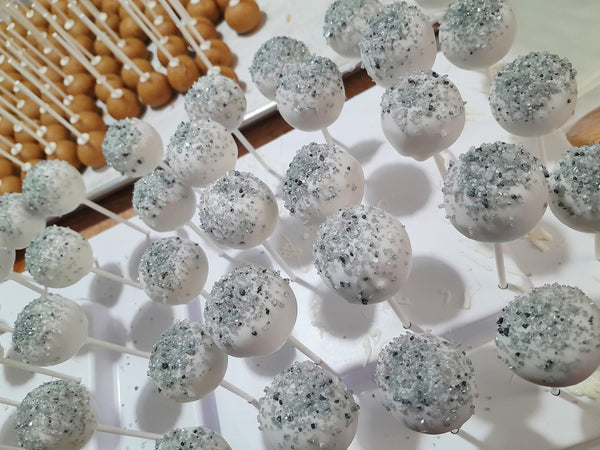 1 dozen, CAKE POPS, platinum sprinkled wedding CAKEPOPS,  12 pcs  white wedding cake pops for bulk order,  restaurants food service industry.