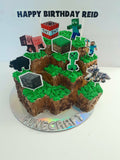 Cake, gamers themed, 8 inch square cake, WITH cardstock characters and wording, carved cake design, delivery not needed